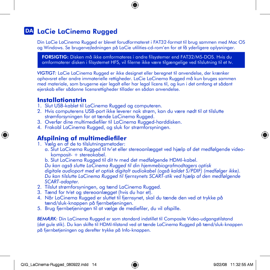 LaCie manual DA LaCie LaCinema Rugged, Installationstrin, Afspilning af multimediefiler 
