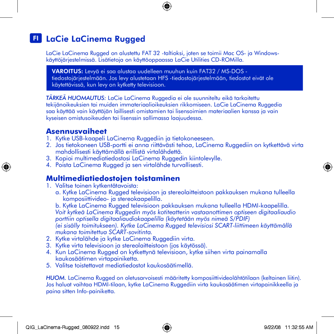 LaCie manual FI LaCie LaCinema Rugged, Asennusvaiheet, Multimediatiedostojen toistaminen 
