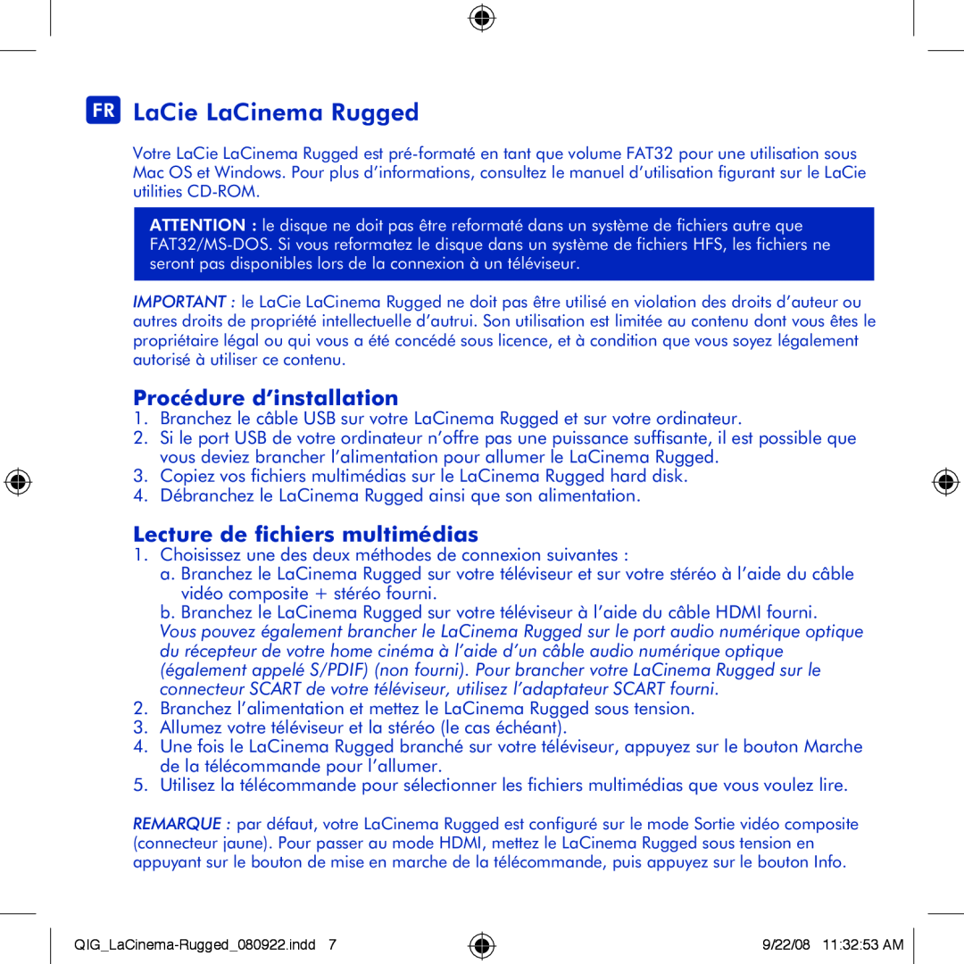 LaCie manual FR LaCie LaCinema Rugged, Procédure d’installation, Lecture de fichiers multimédias 
