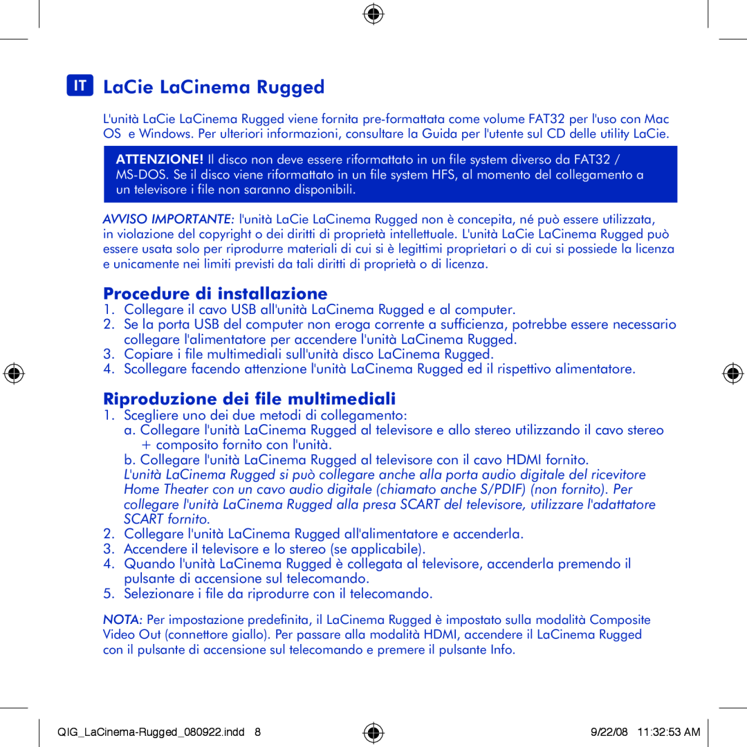 LaCie manual IT LaCie LaCinema Rugged, Procedure di installazione, Riproduzione dei file multimediali 