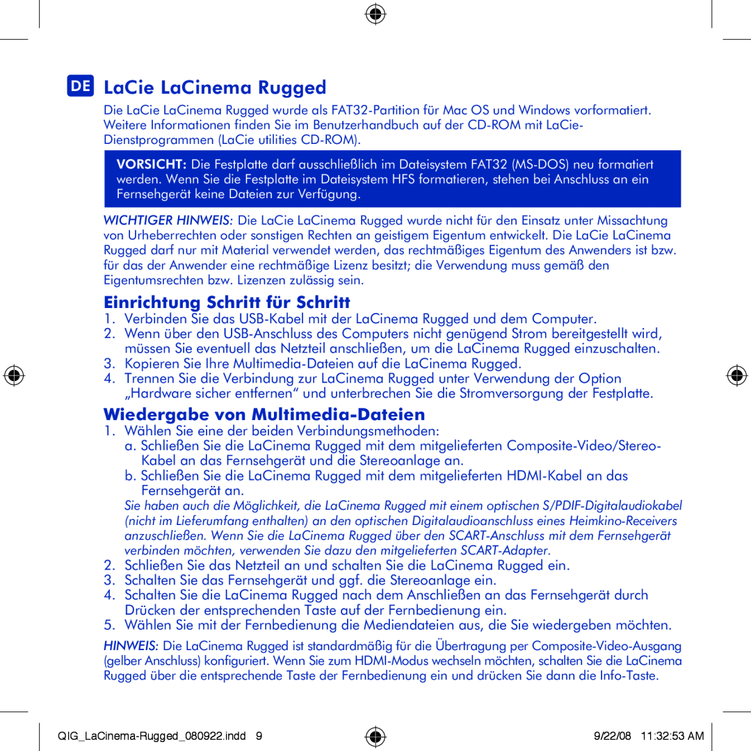 LaCie manual DE LaCie LaCinema Rugged, Einrichtung Schritt für Schritt, Wiedergabe von Multimedia-Dateien 