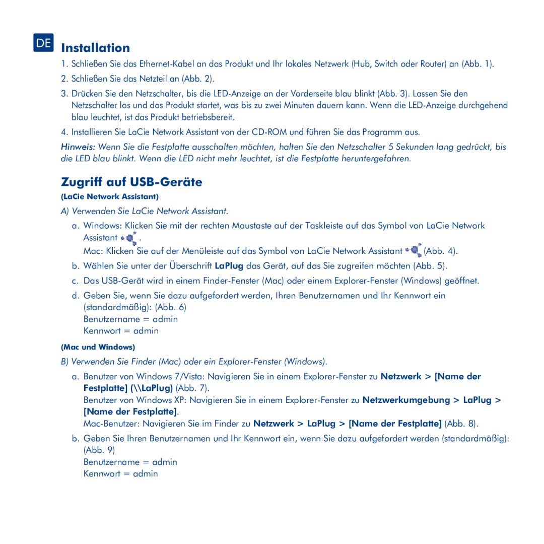 LaCie LaPlug manual DE Installation, Zugriff auf USB-Geräte, Verwenden Sie LaCie Network Assistant 