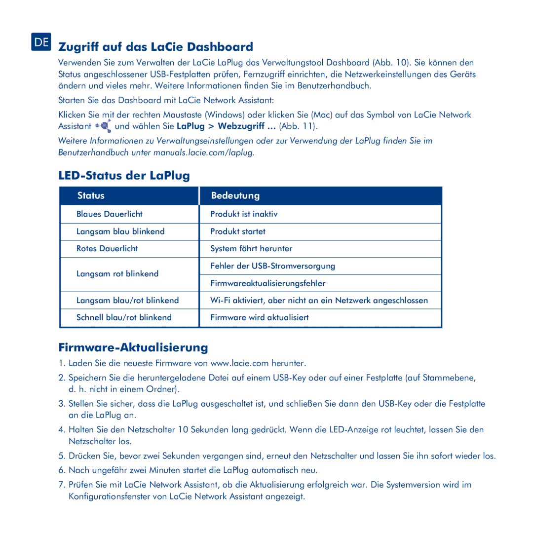 LaCie manual DE Zugriff auf das LaCie Dashboard, LED-Status der LaPlug, Firmware-Aktualisierung, Status Bedeutung 