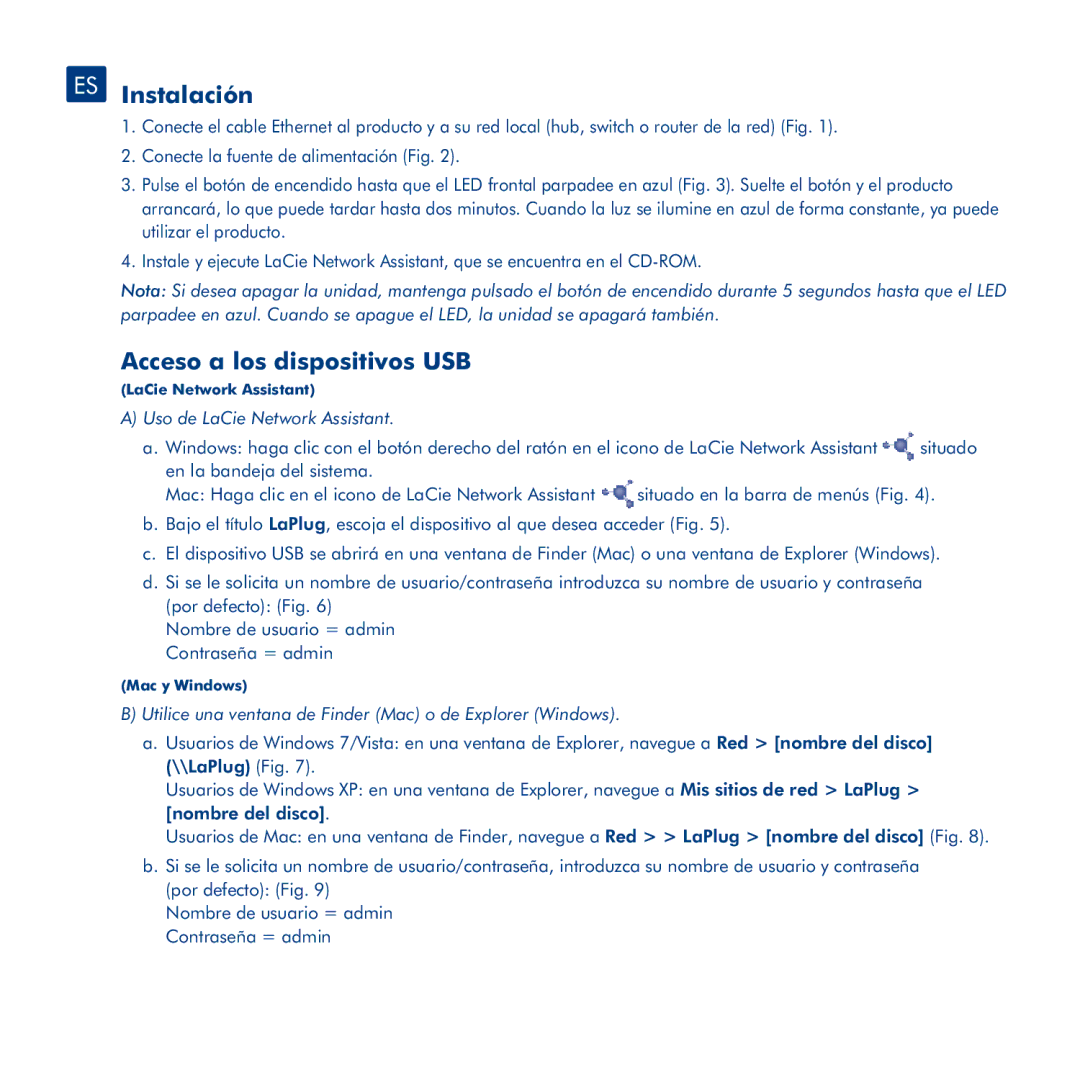 LaCie LaPlug manual ES Instalación, Acceso a los dispositivos USB, Uso de LaCie Network Assistant 