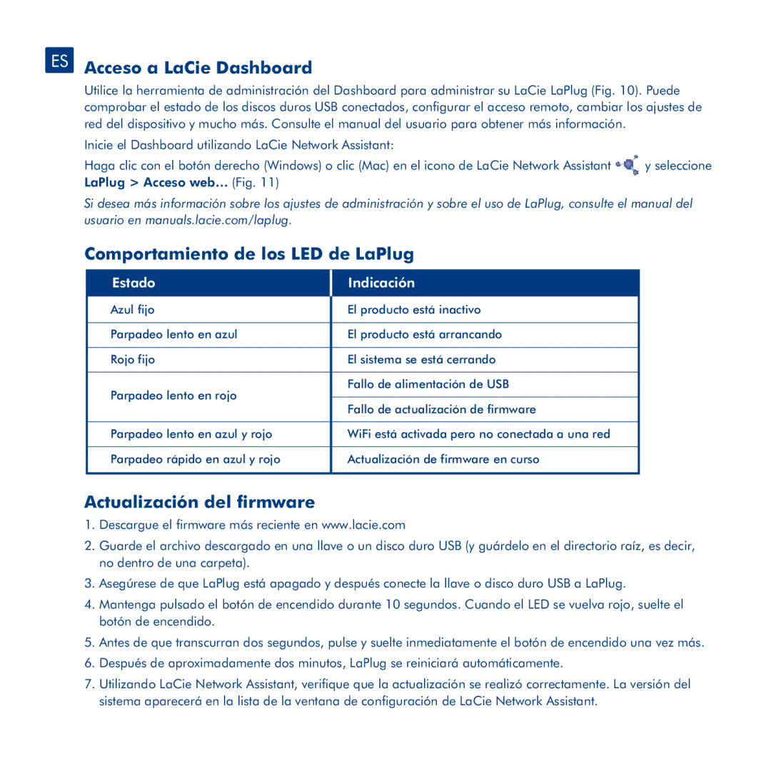 LaCie ES Acceso a LaCie Dashboard, Comportamiento de los LED de LaPlug, Actualización del firmware, Estado Indicación 