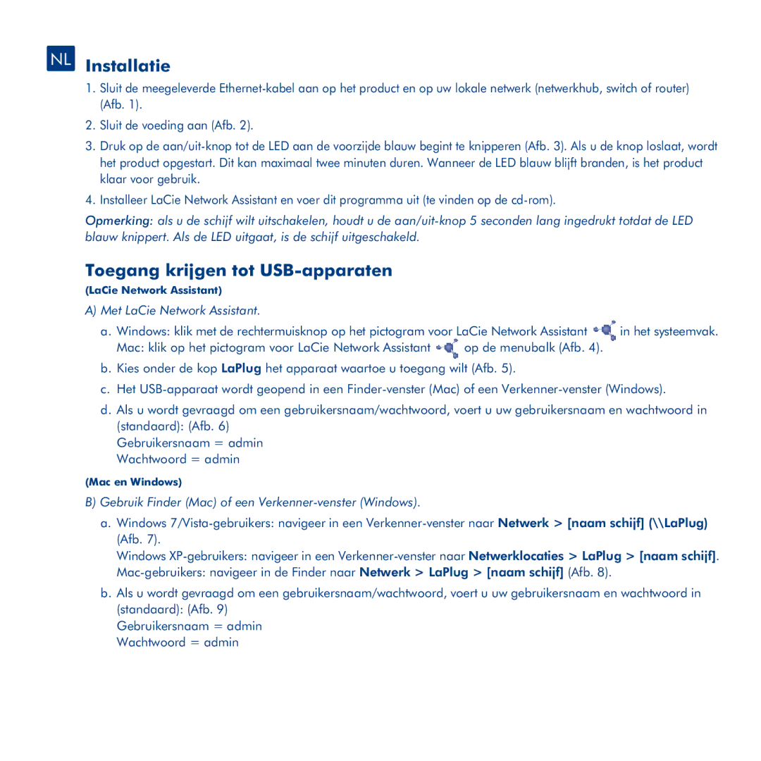 LaCie LaPlug manual NL Installatie, Toegang krijgen tot USB-apparaten, Met LaCie Network Assistant 