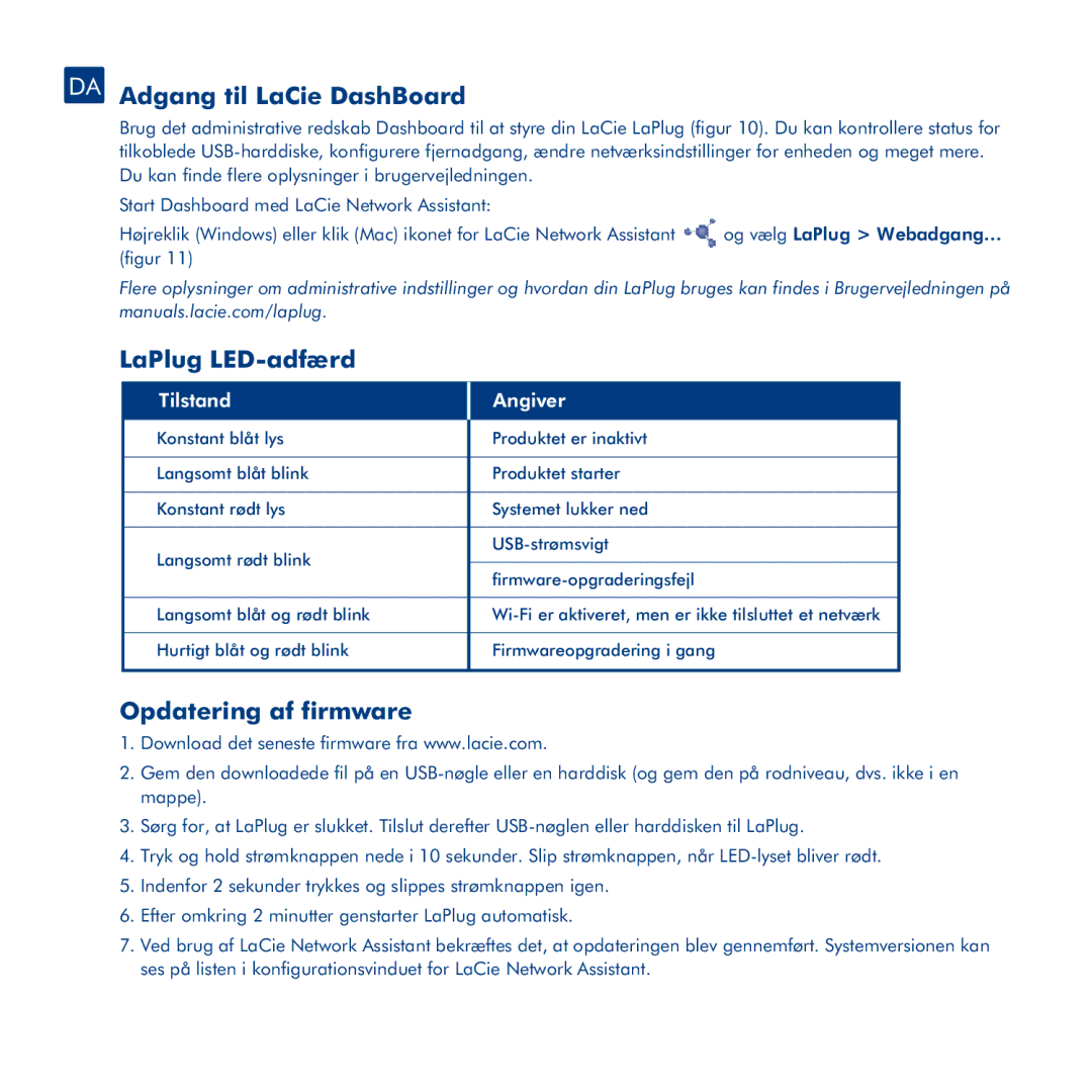 LaCie manual DA Adgang til LaCie DashBoard, LaPlug LED-adfærd, Opdatering af firmware, Tilstand Angiver 