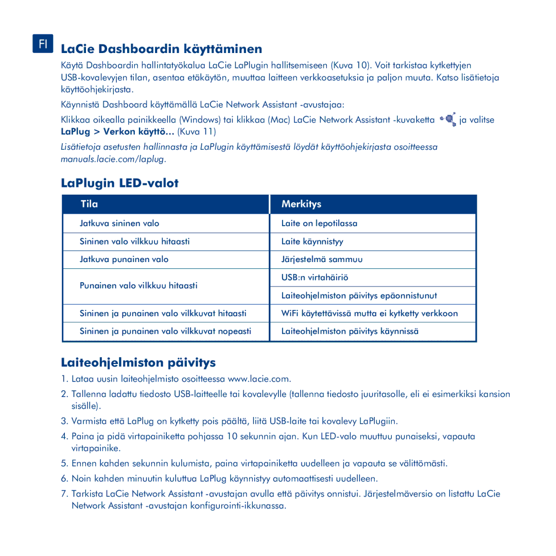 LaCie manual FI LaCie Dashboardin käyttäminen, LaPlugin LED-valot, Laiteohjelmiston päivitys, Tila Merkitys 