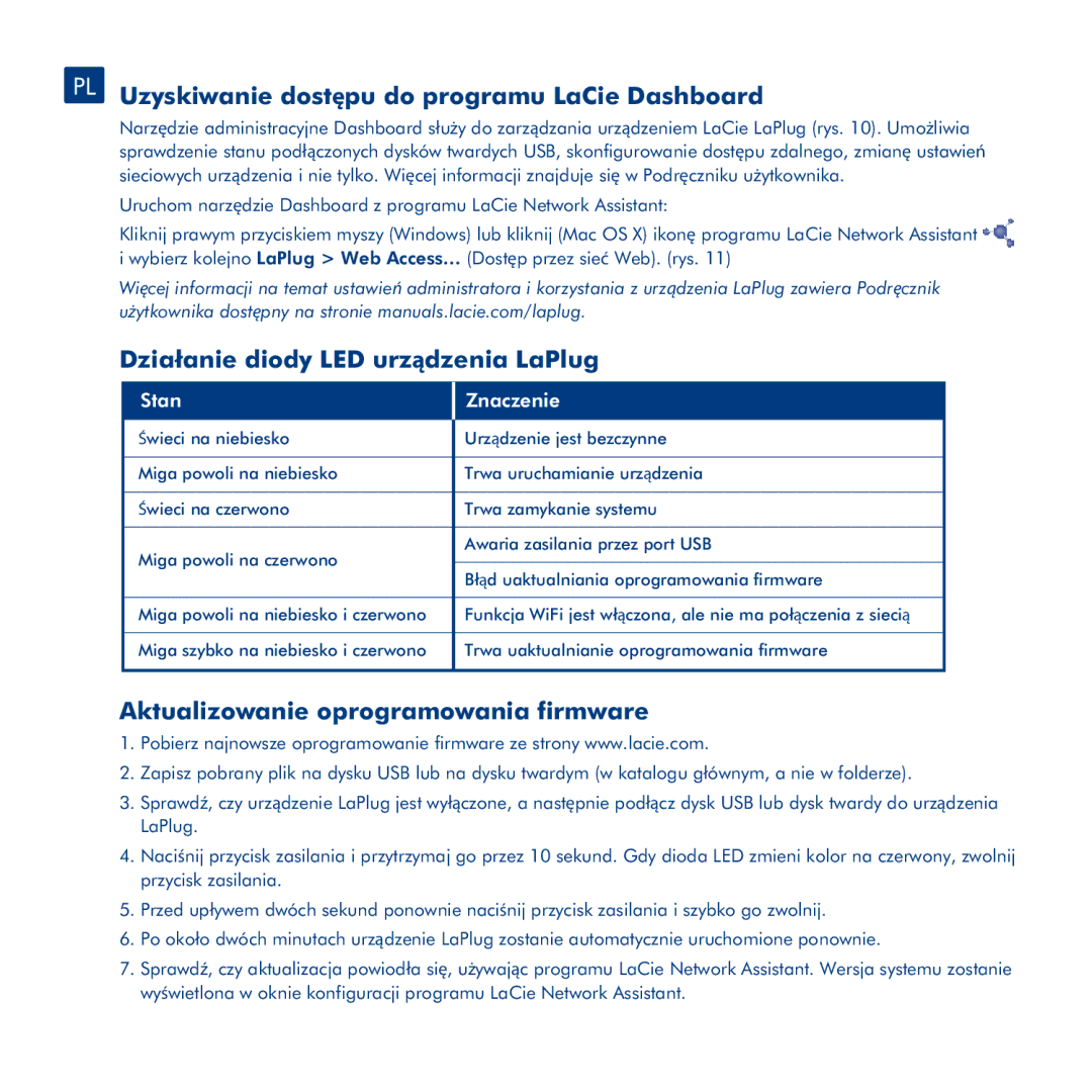 LaCie manual PL Uzyskiwanie dostępu do programu LaCie Dashboard, Działanie diody LED urządzenia LaPlug, Stan Znaczenie 