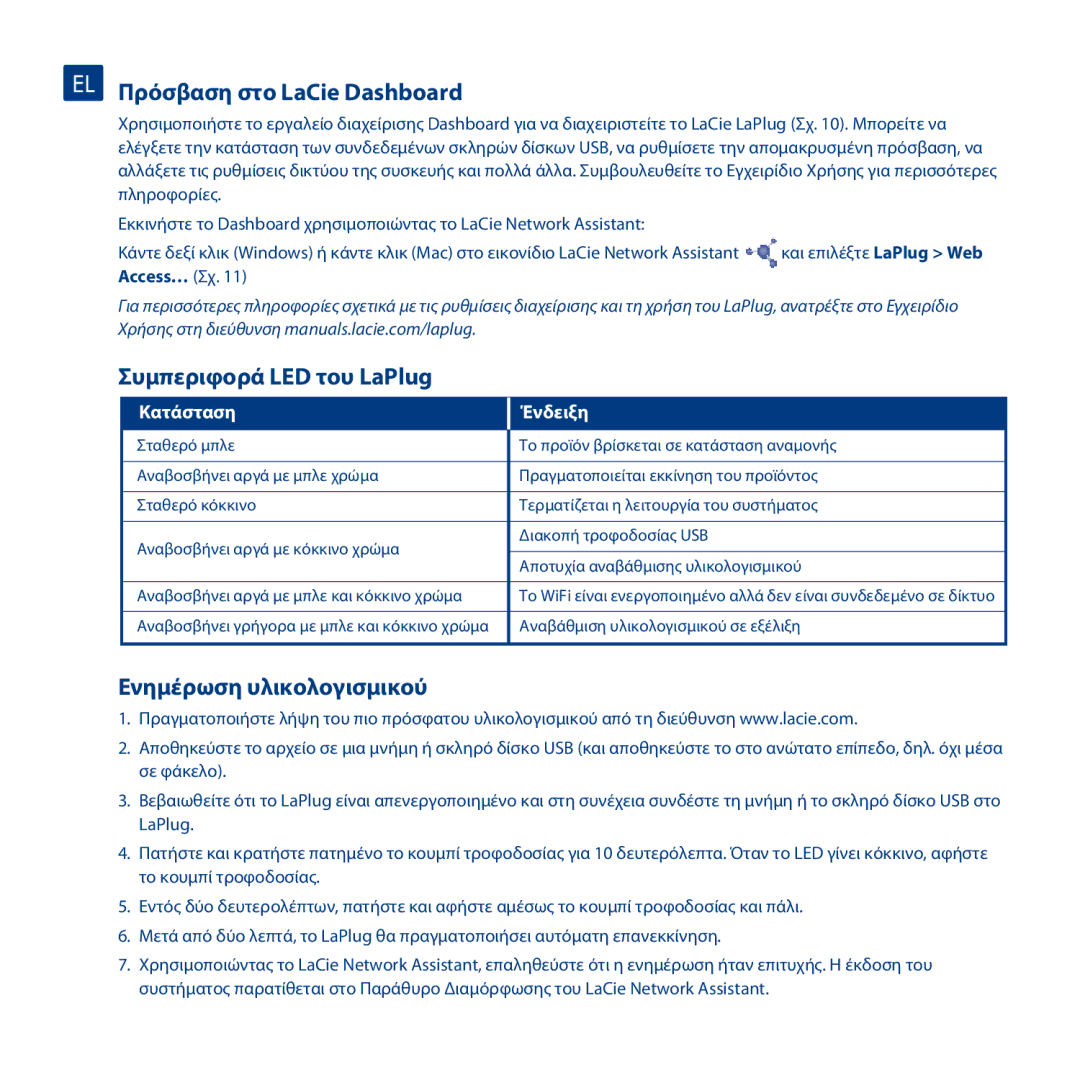 LaCie manual EL Πρόσβαση στο LaCie Dashboard, Συμπεριφορά LED του LaPlug, Ενημέρωση υλικολογισμικού 