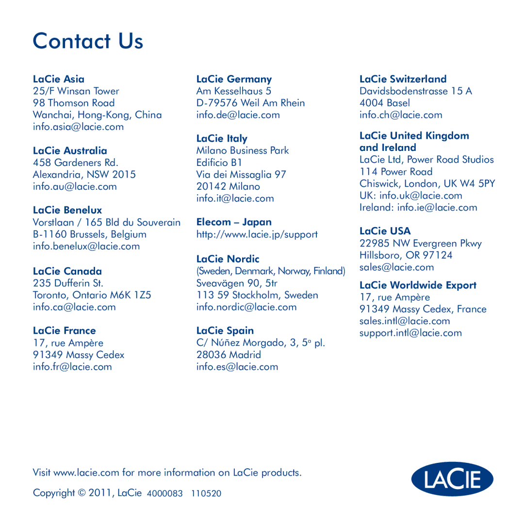 LaCie LaPlug manual Contact Us 