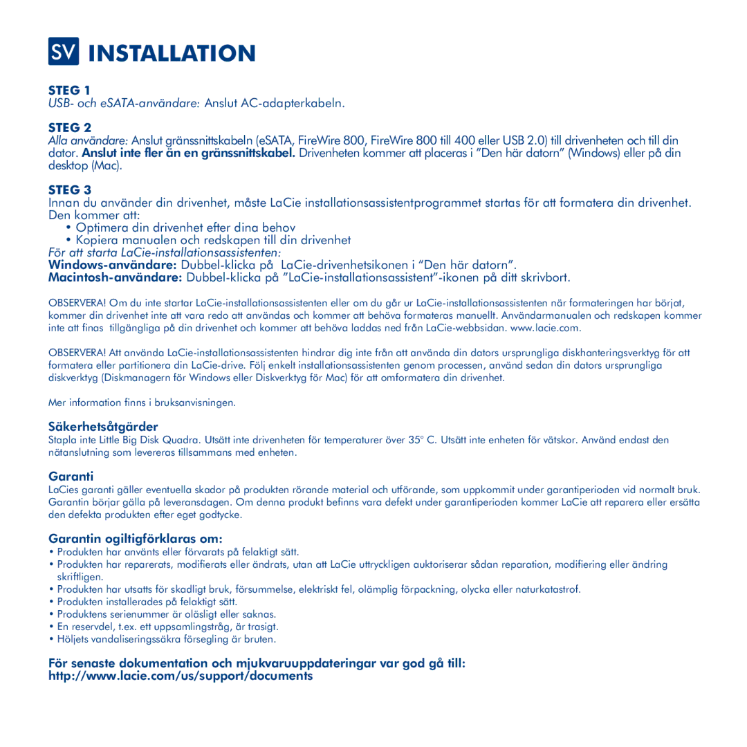 LaCie Little Big Disk Quadra SV Installation, USB- och eSATA-användare Anslut AC-adapterkabeln, Säkerhetsåtgärder, Garanti 