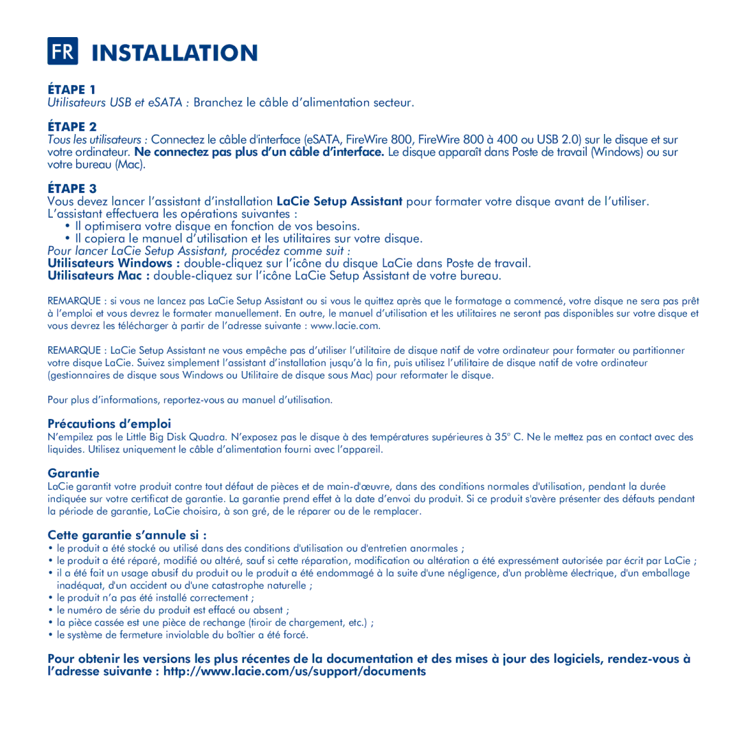 LaCie Little Big Disk Quadra manual FR Installation, Précautions d’emploi, Garantie, Cette garantie s’annule si 