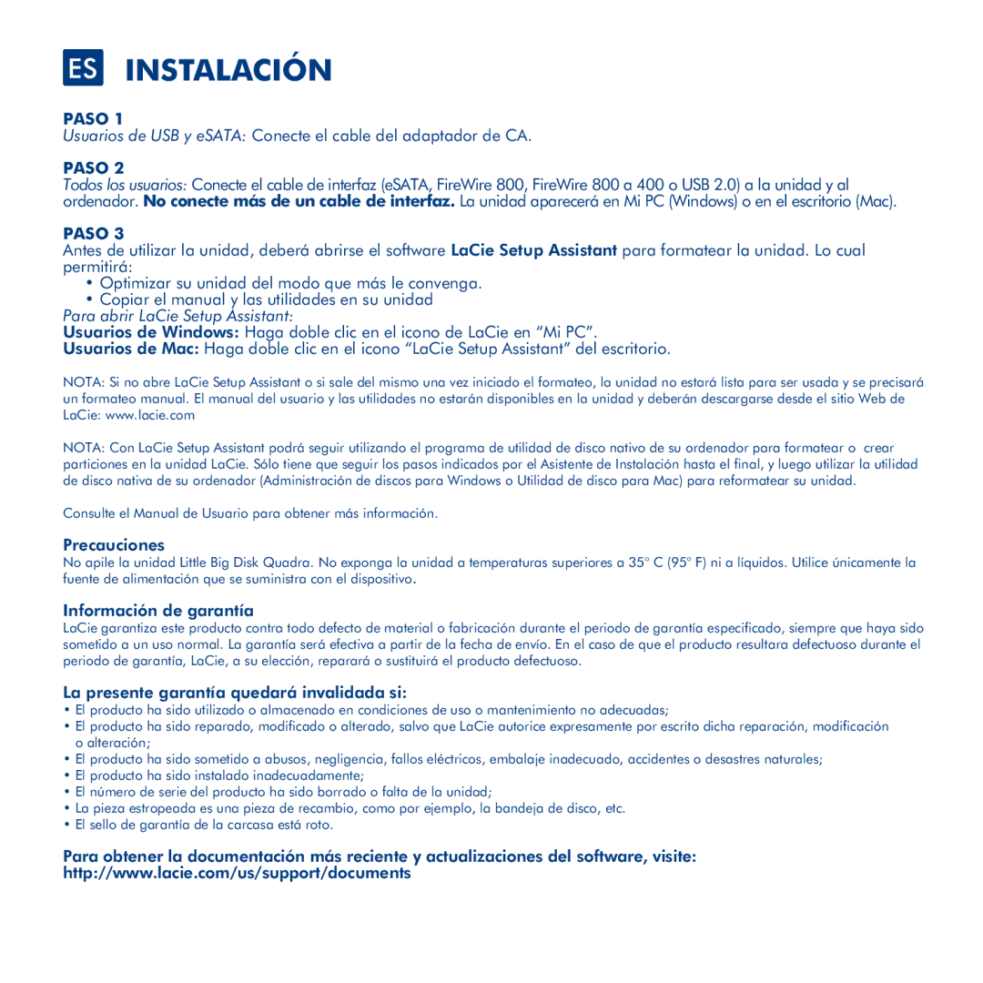 LaCie Little Big Disk Quadra manual ES Instalación, Para abrir LaCie Setup Assistant, Precauciones, Información de garantía 