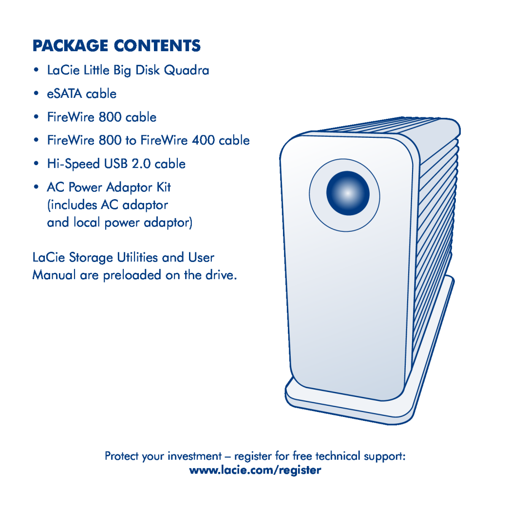 LaCie manual package contents, LaCie Little Big Disk Quadra eSATA cable FireWire 800 cable 
