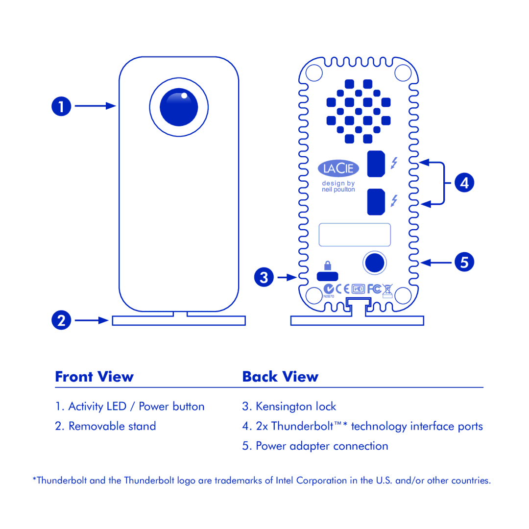 LaCie Little Big Disk Thunderbolt Series manual Front View Back View, Power adapter connection 