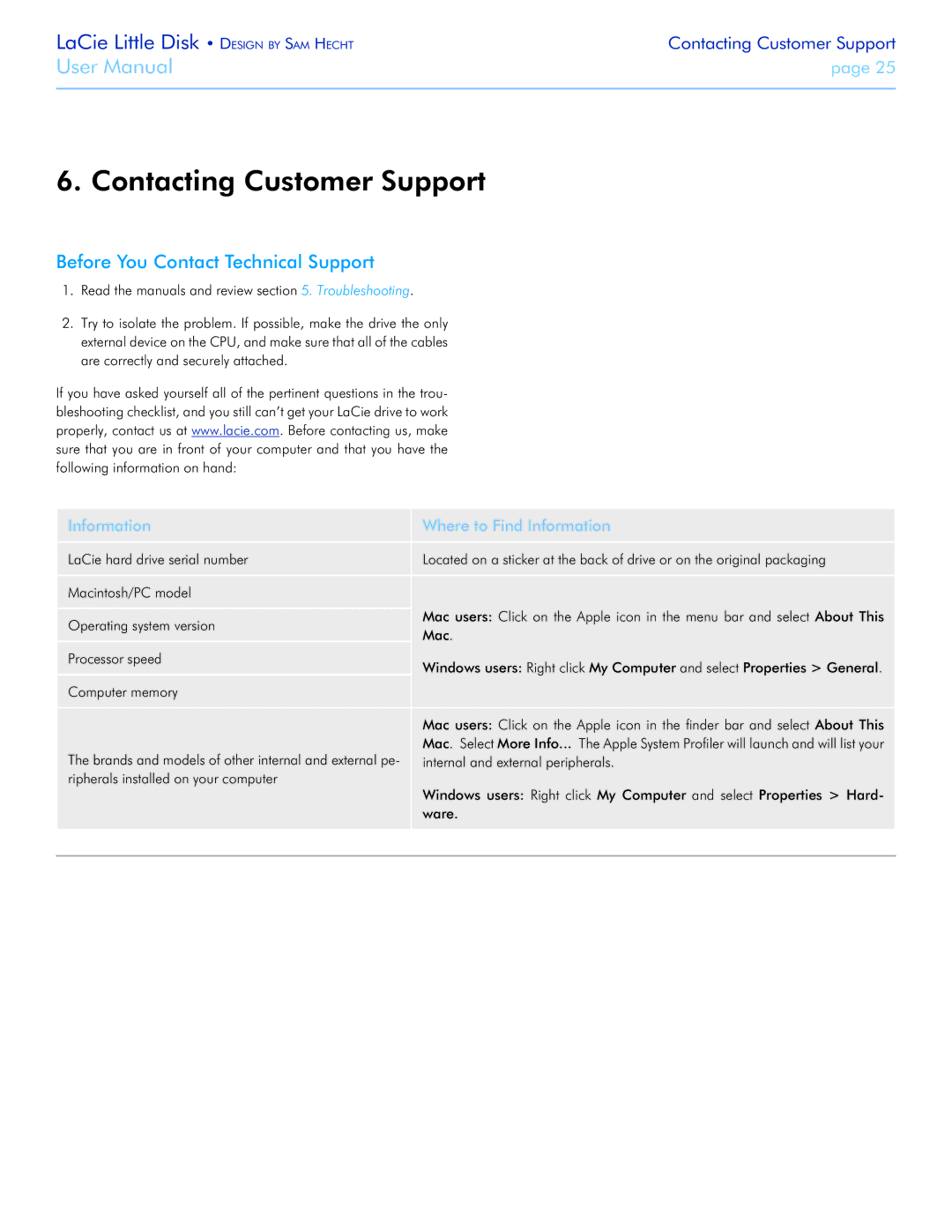 LaCie Little Big Disk manual Contacting Customer Support, Before You Contact Technical Support 