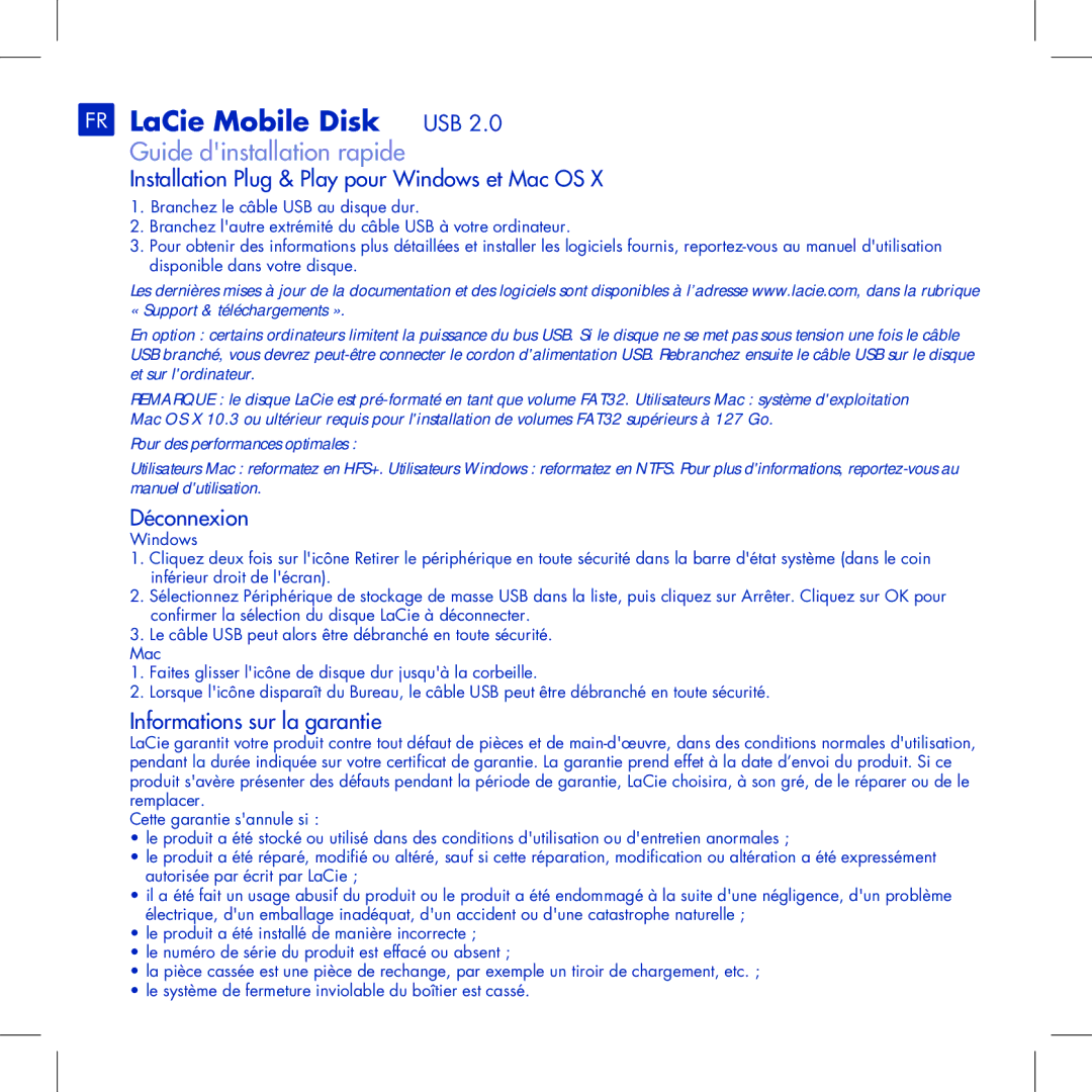 LaCie manual FR LaCie Mobile Disk USB, Guide dinstallation rapide, Installation Plug & Play pour Windows et Mac OS 