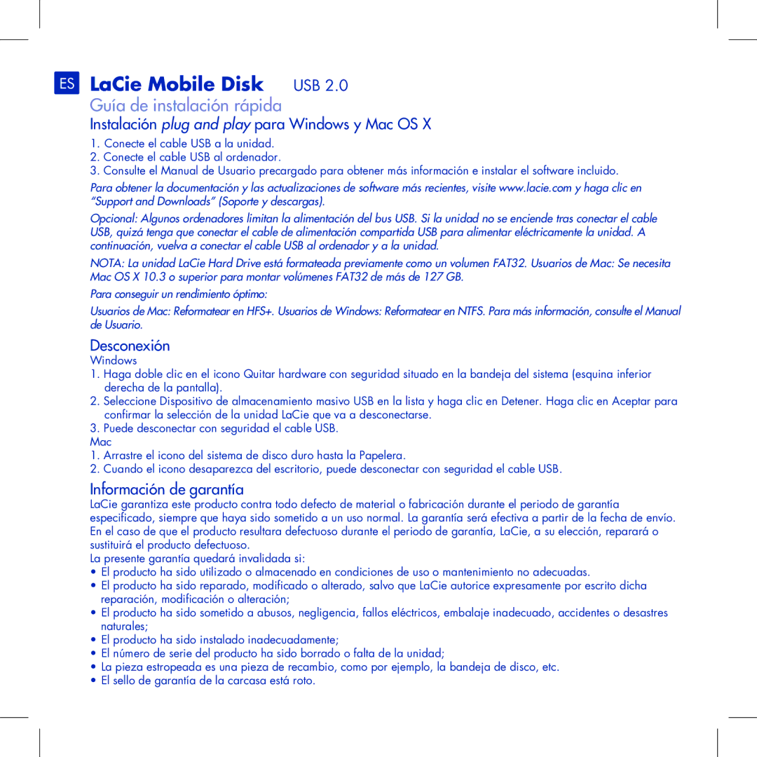 LaCie manual ES LaCie Mobile Disk USB, Guía de instalación rápida, Instalación plug and play para Windows y Mac OS 