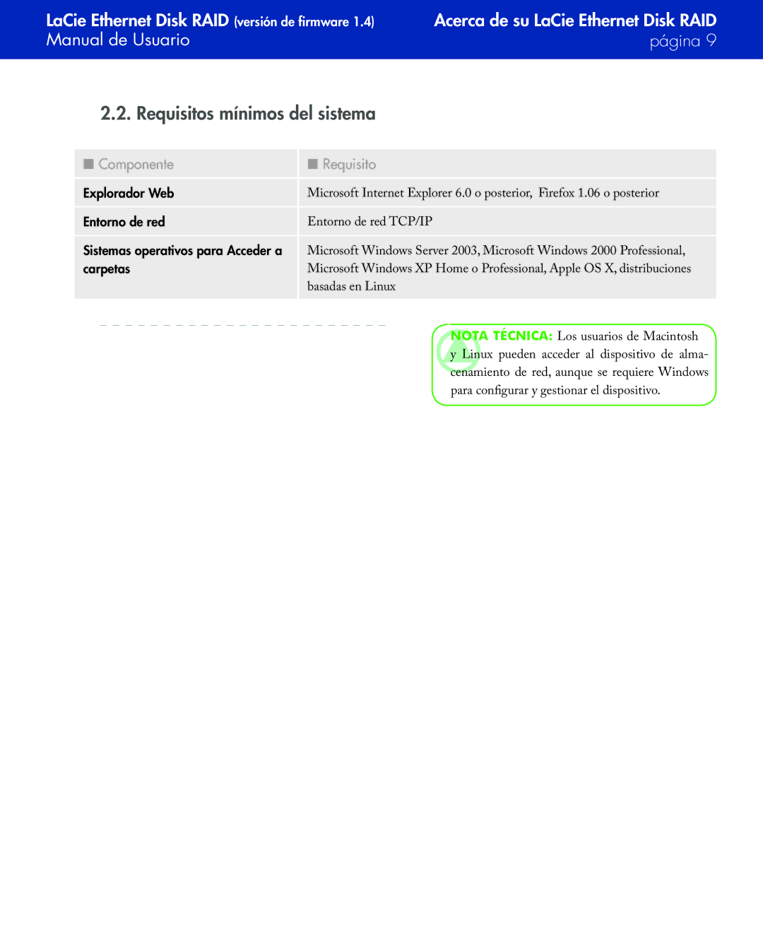 LaCie Network Raid Storage System user manual Requisitos mínimos del sistema, Componente Requisito 