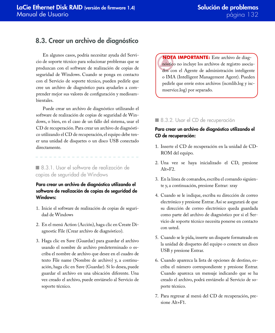 LaCie Network Raid Storage System user manual Crear un archivo de diagnóstico, Usar el CD de recuperación 