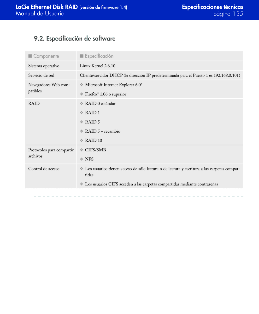 LaCie Network Raid Storage System user manual Especificación de software, Cifs/Smb 