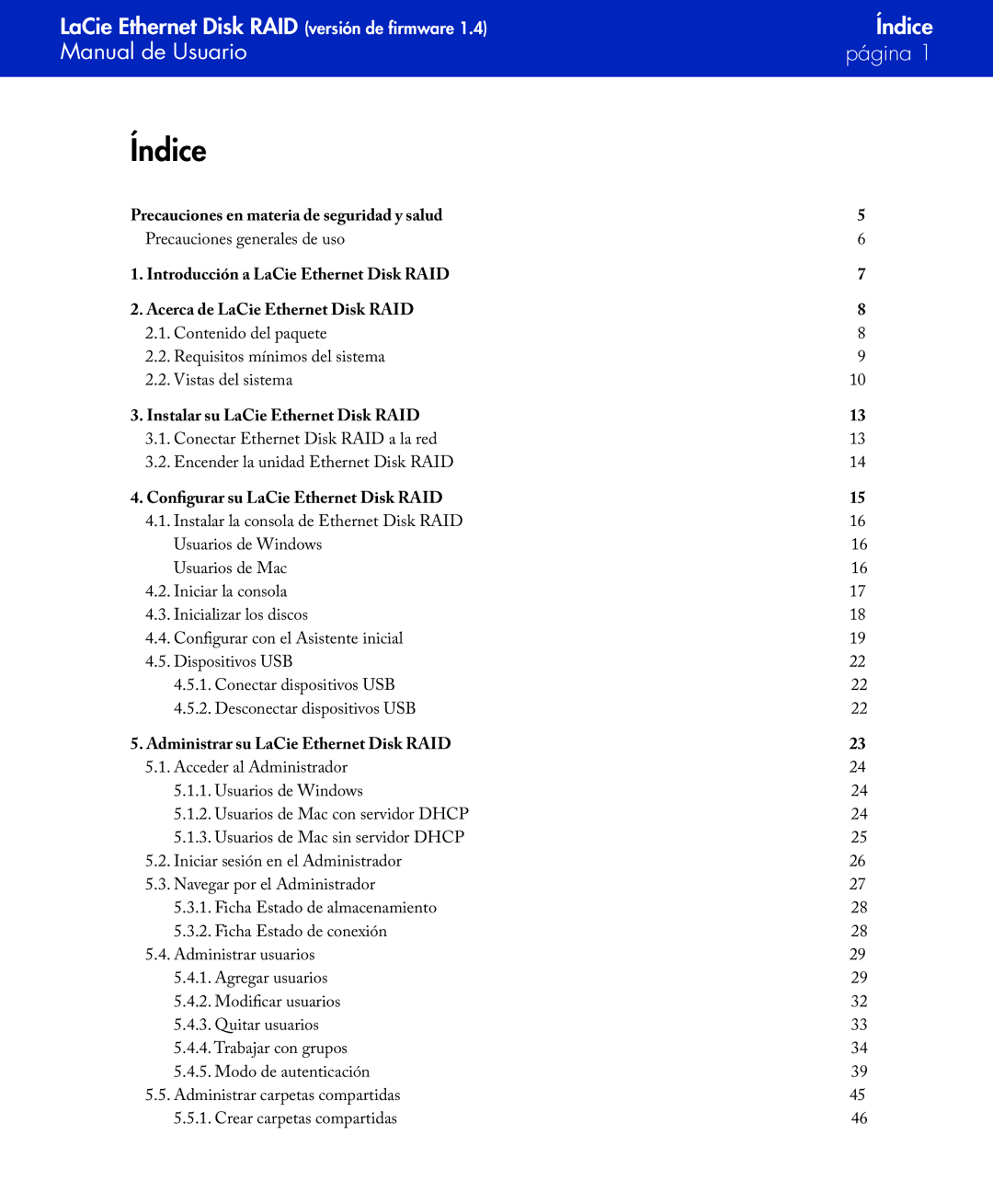 LaCie Network Raid Storage System user manual Índice, Configurar su LaCie Ethernet Disk RAID 