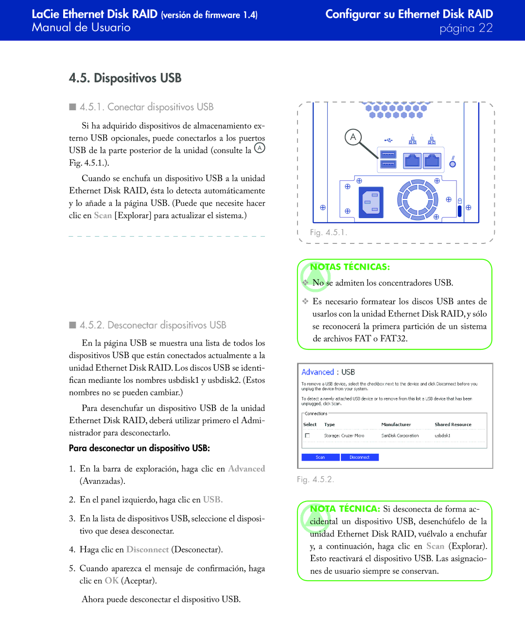 LaCie Network Raid Storage System user manual Dispositivos USB, Conectar dispositivos USB, Desconectar dispositivos USB 