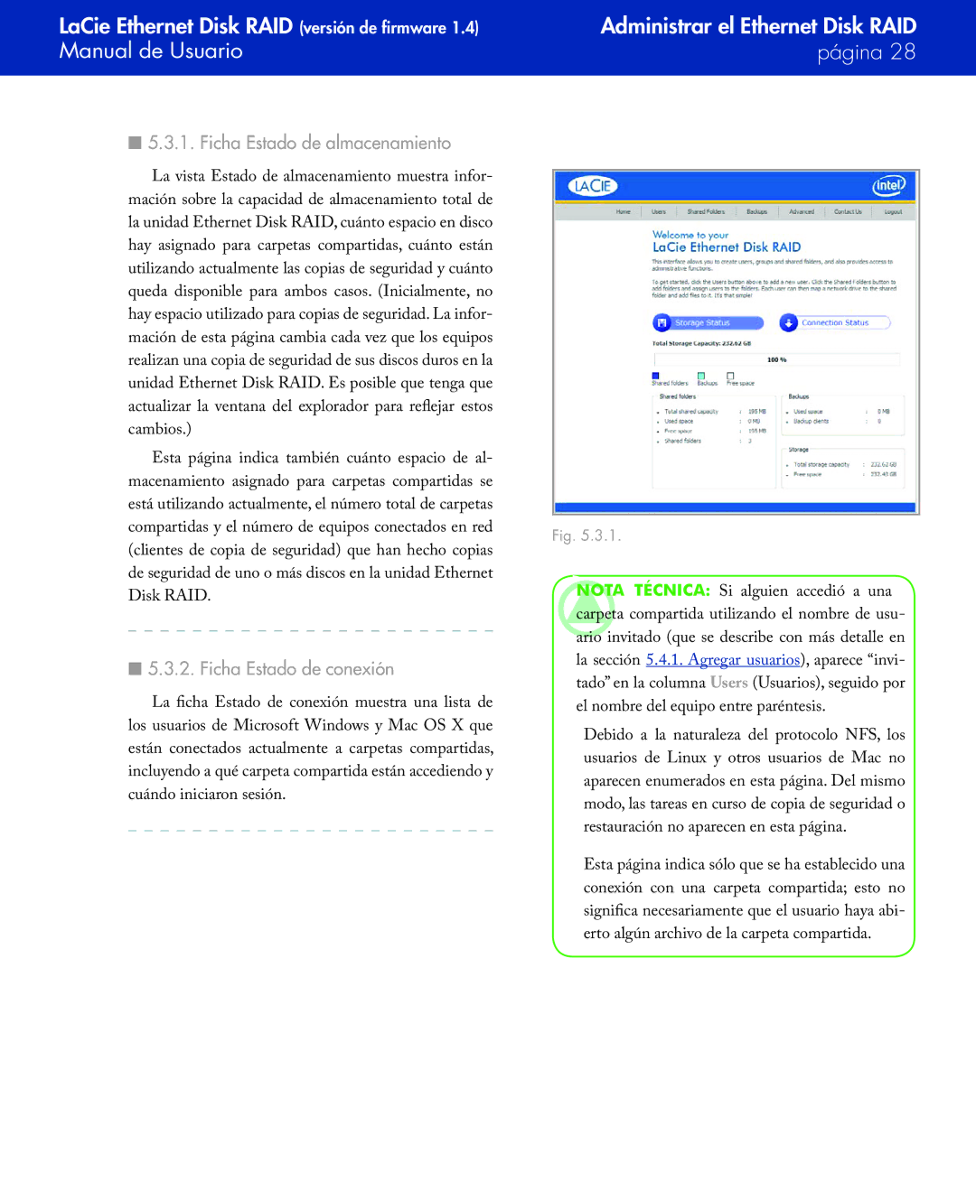 LaCie Network Raid Storage System user manual Ficha Estado de almacenamiento, Ficha Estado de conexión 