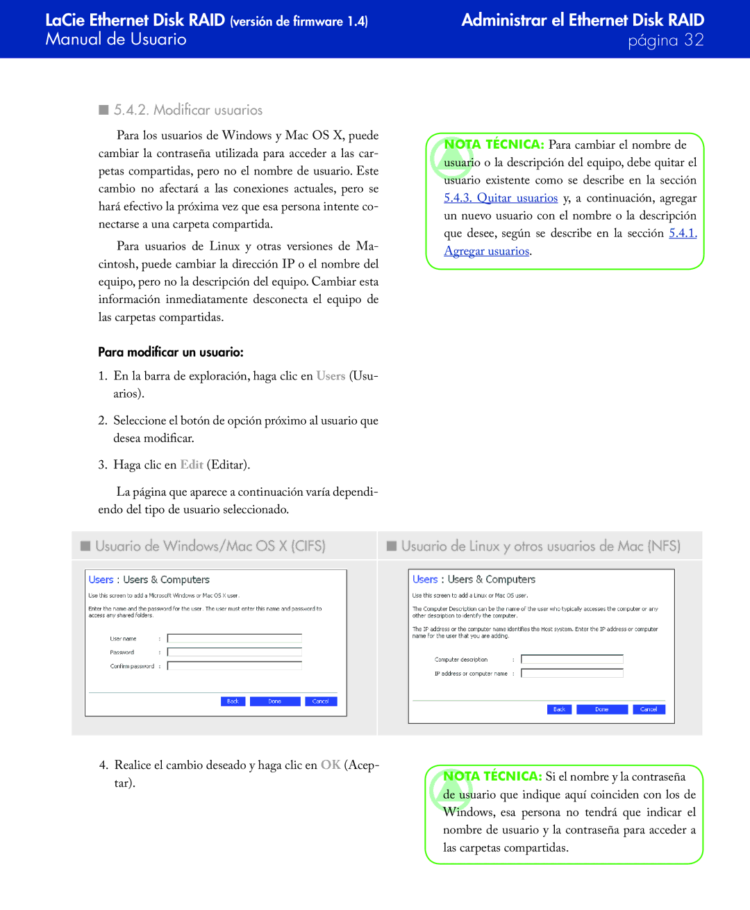 LaCie Network Raid Storage System user manual Modificar usuarios, Para modificar un usuario 