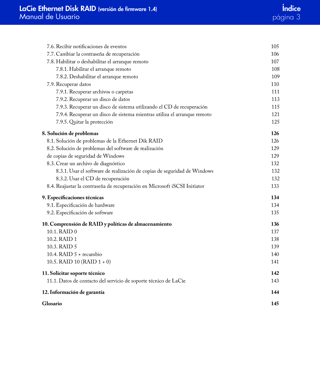 LaCie Network Raid Storage System user manual Especificaciones técnicas 134 