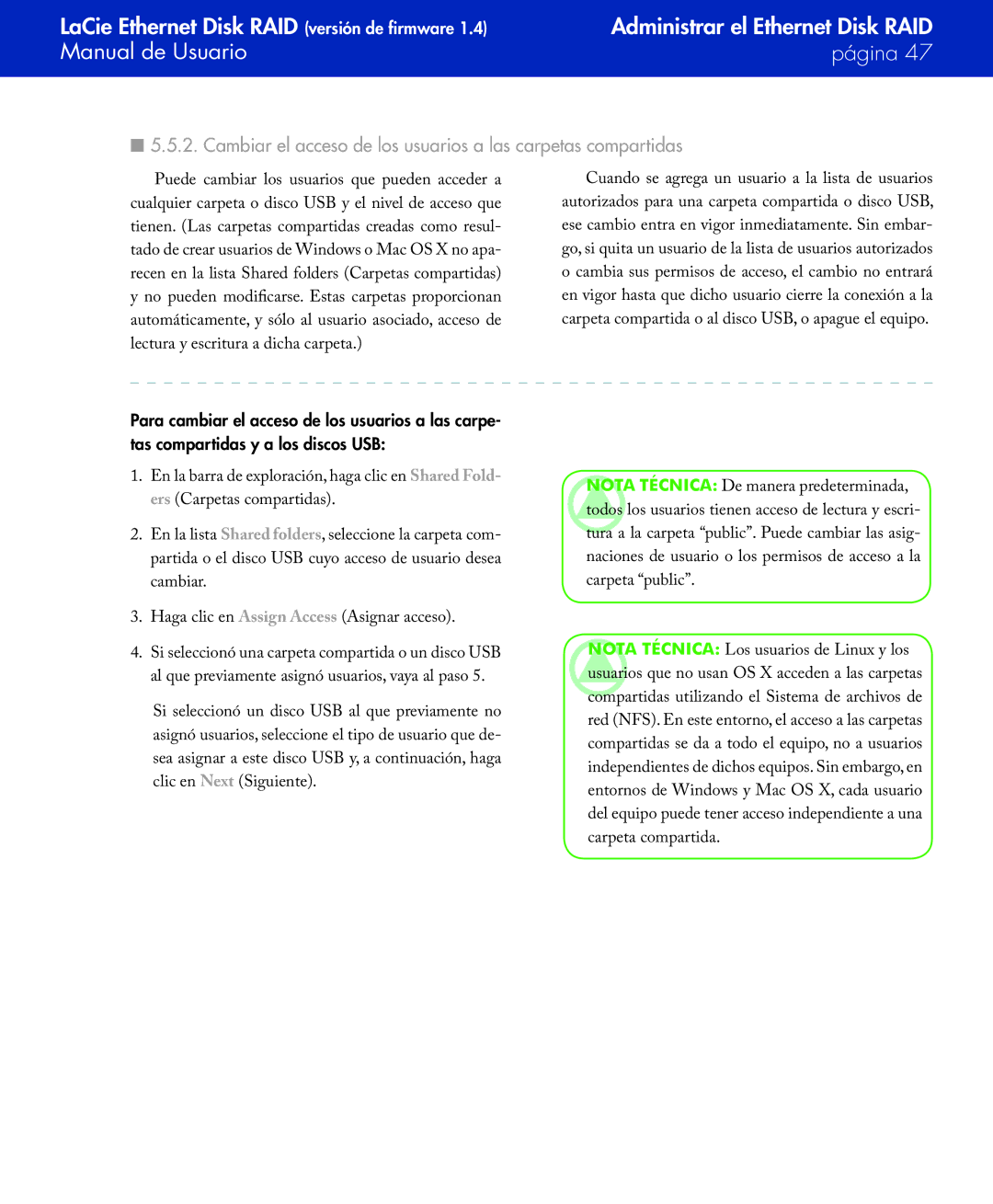 LaCie Network Raid Storage System user manual Cambiar el acceso de los usuarios a las carpetas compartidas 