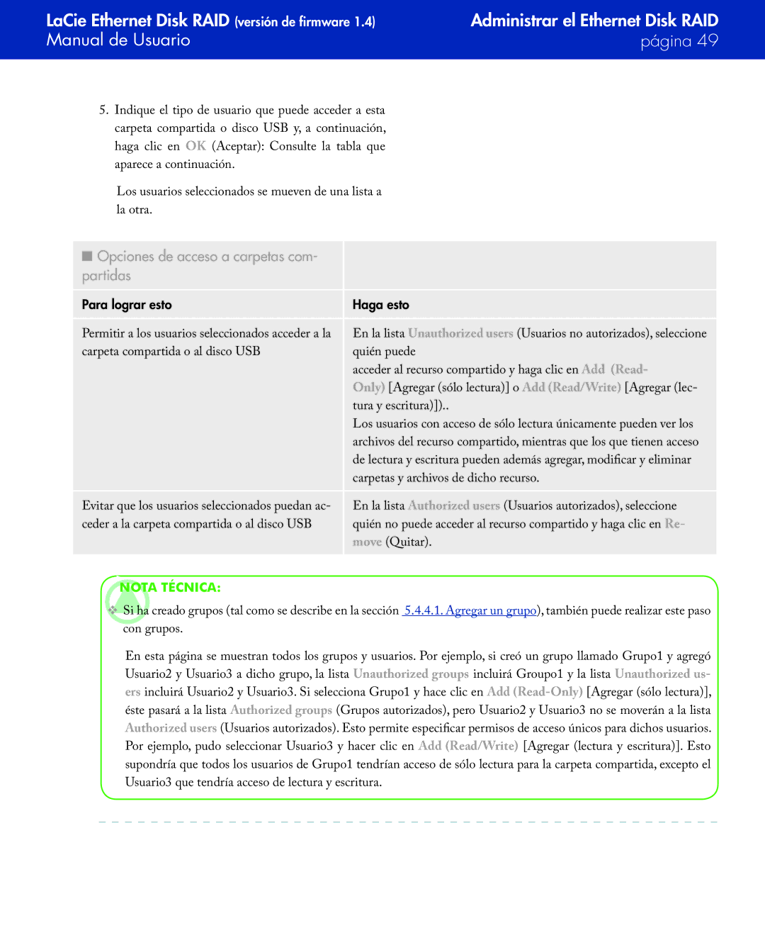 LaCie Network Raid Storage System user manual Opciones de acceso a carpetas com Partidas, Nota técnica 