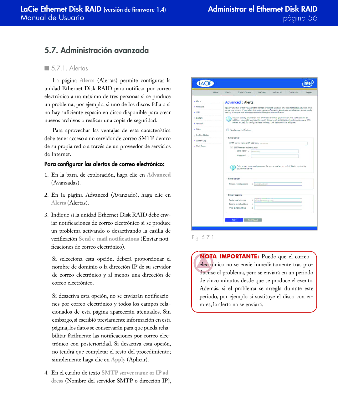 LaCie Network Raid Storage System Administración avanzada, Alertas, Para configurar las alertas de correo electrónico 