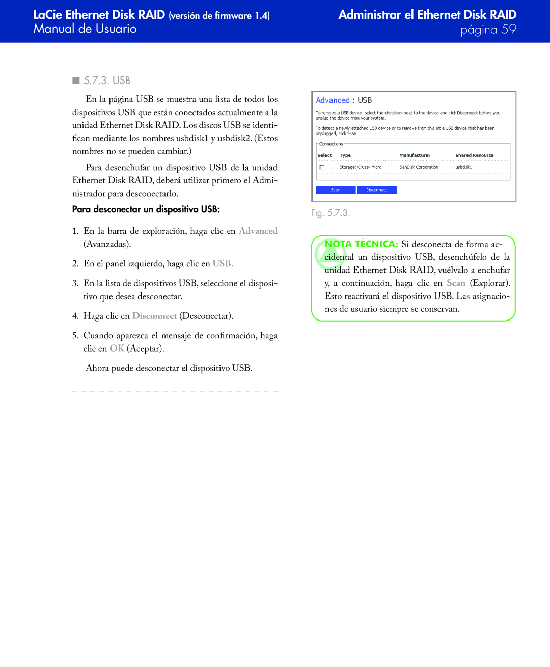 LaCie Network Raid Storage System user manual Usb, Para desconectar un dispositivo USB 