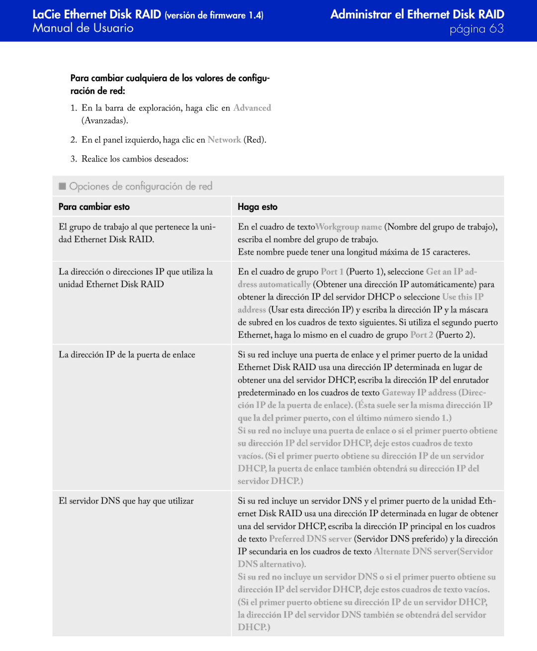 LaCie Network Raid Storage System user manual Opciones de configuración de red, Servidor Dhcp 