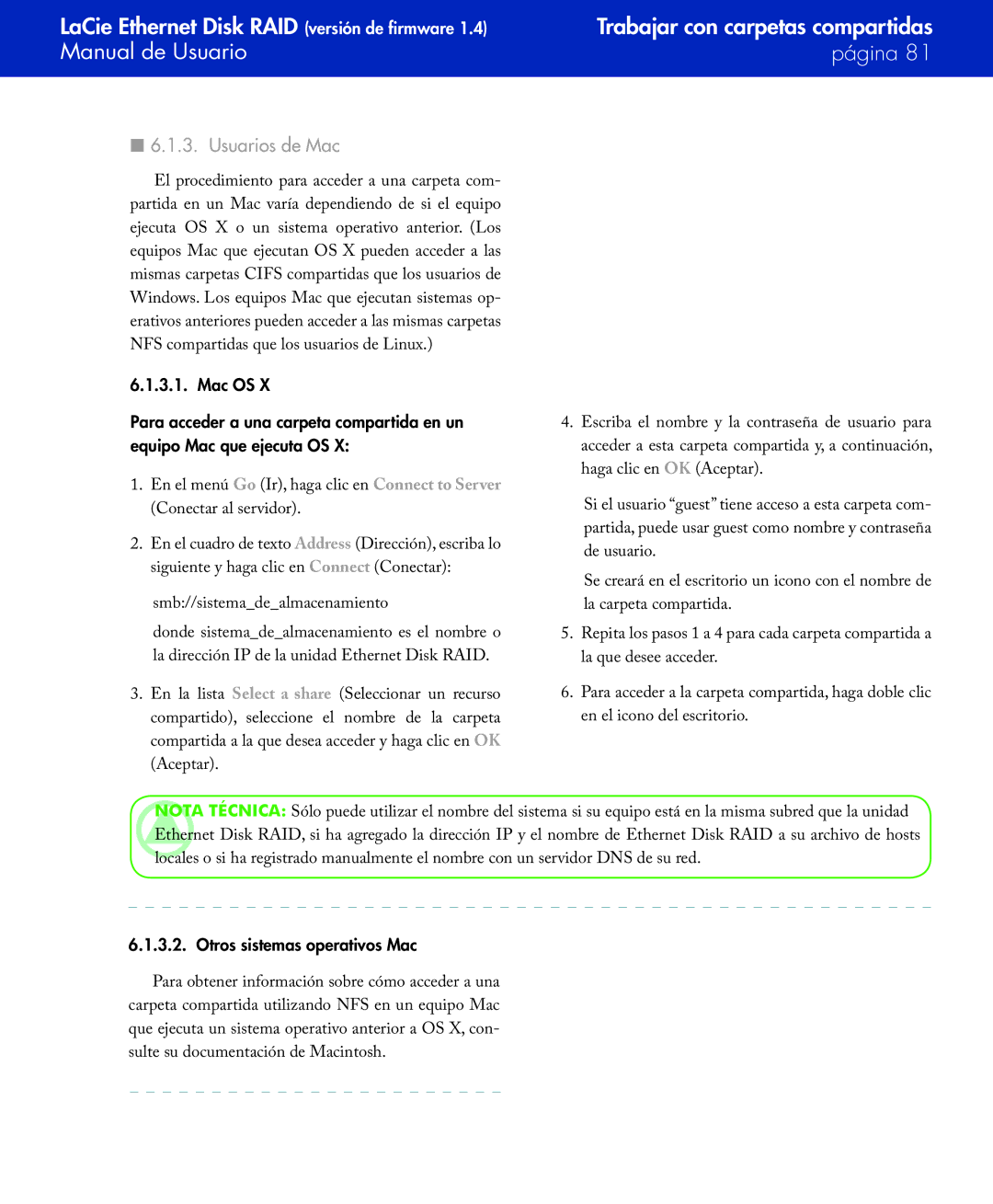 LaCie Network Raid Storage System user manual Usuarios de Mac, Otros sistemas operativos Mac 