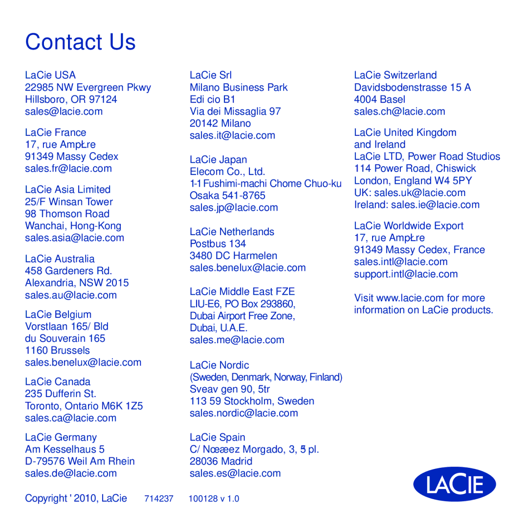 LaCie network space MAX manual Contact Us 