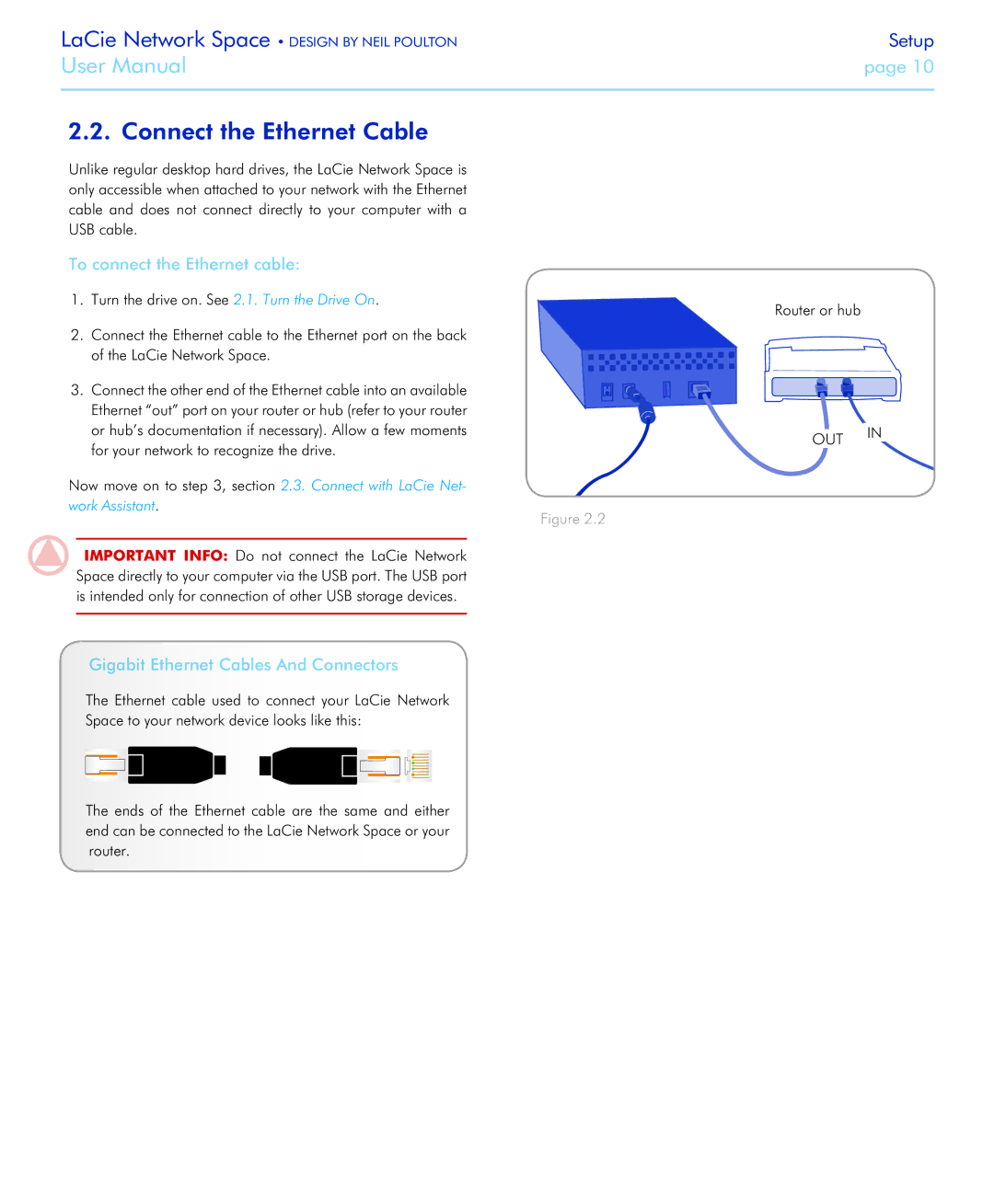 LaCie Network Space Connect the Ethernet Cable, To connect the Ethernet cable, Gigabit Ethernet Cables And Connectors 