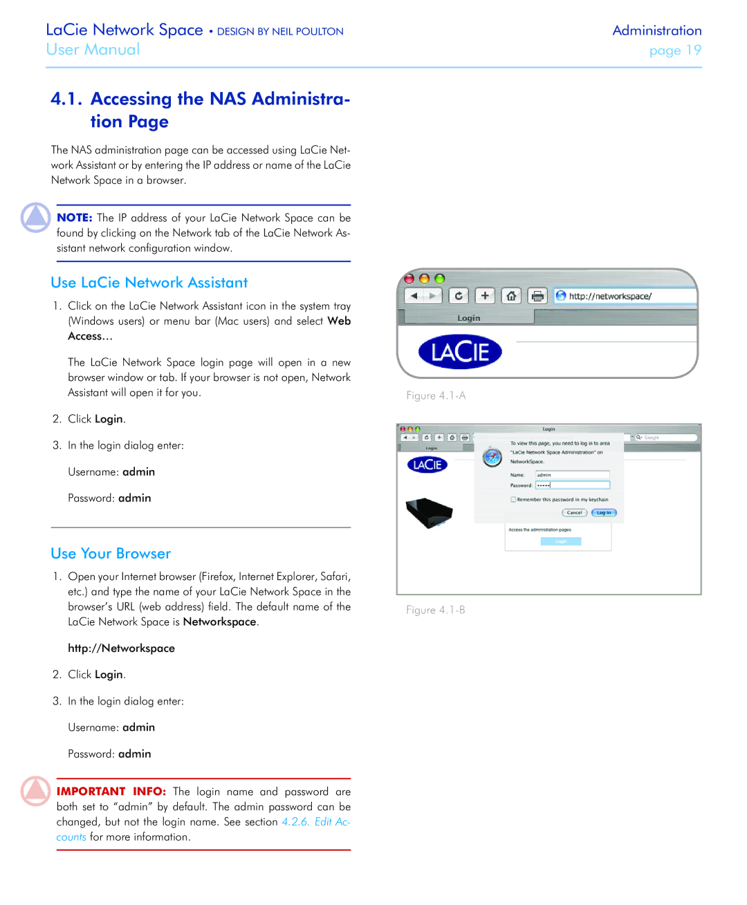 LaCie Network Space user manual Accessing the NAS Administra- tion, Use LaCie Network Assistant, Use Your Browser 