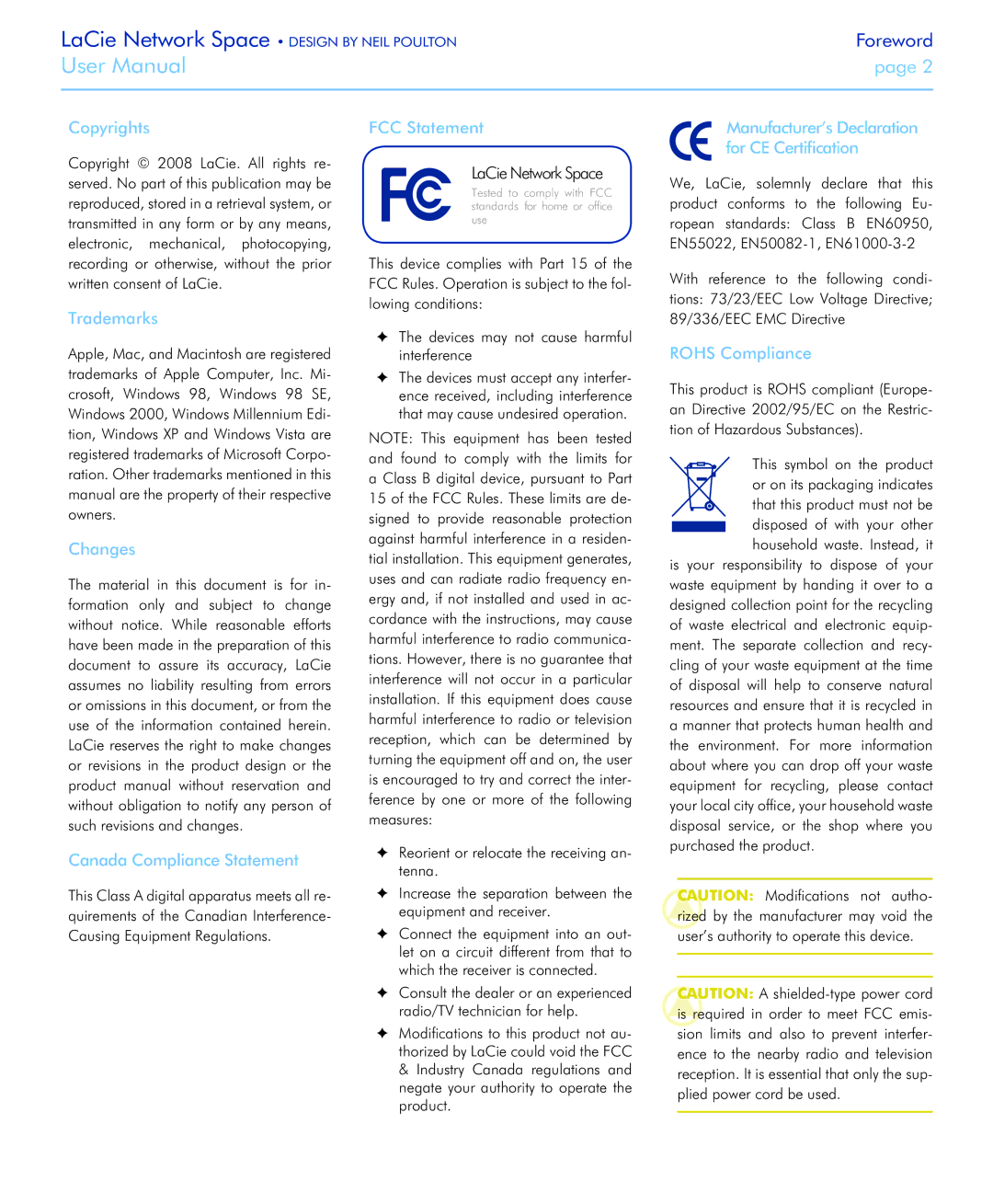 LaCie Network Space Copyrights, Trademarks, Changes, Canada Compliance Statement, FCC Statement, Rohs Compliance 