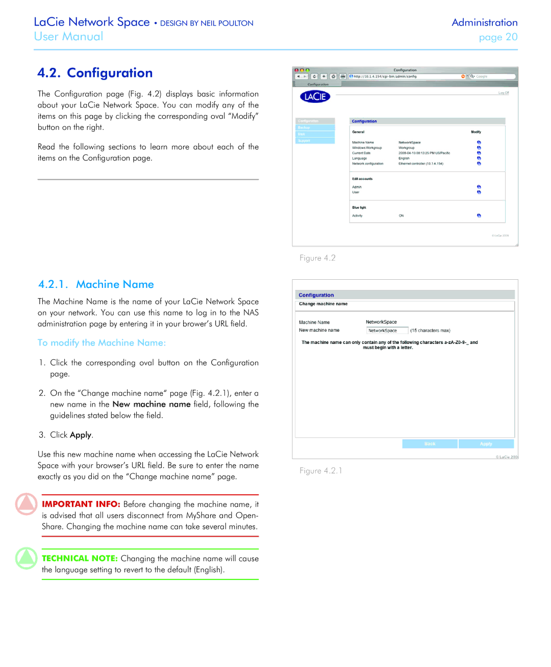 LaCie Network Space user manual Configuration, To modify the Machine Name 