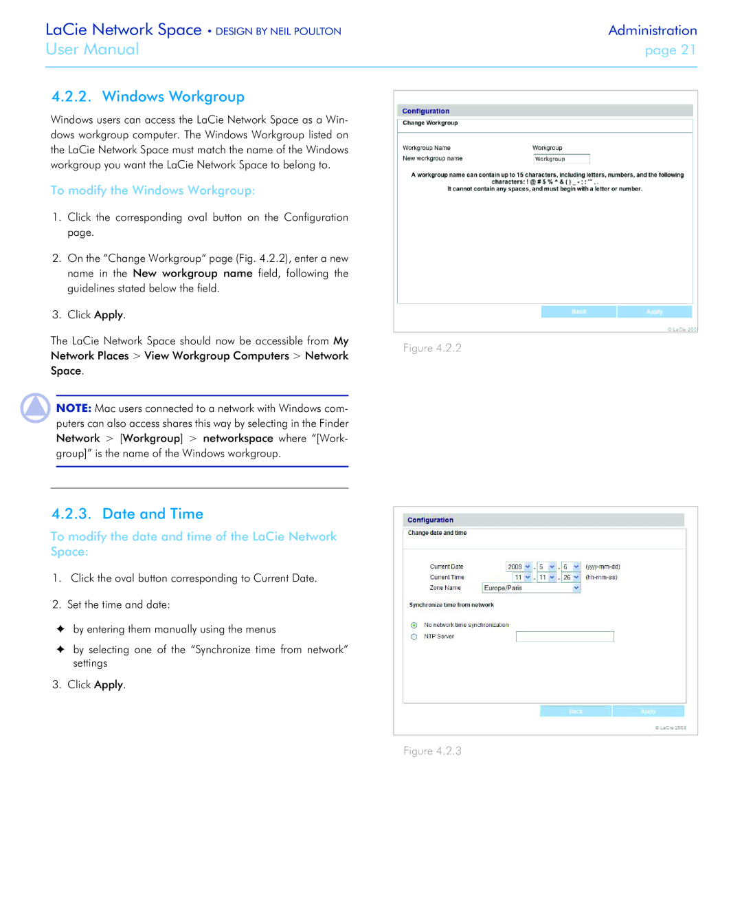 LaCie Network Space user manual Date and Time, To modify the Windows Workgroup 