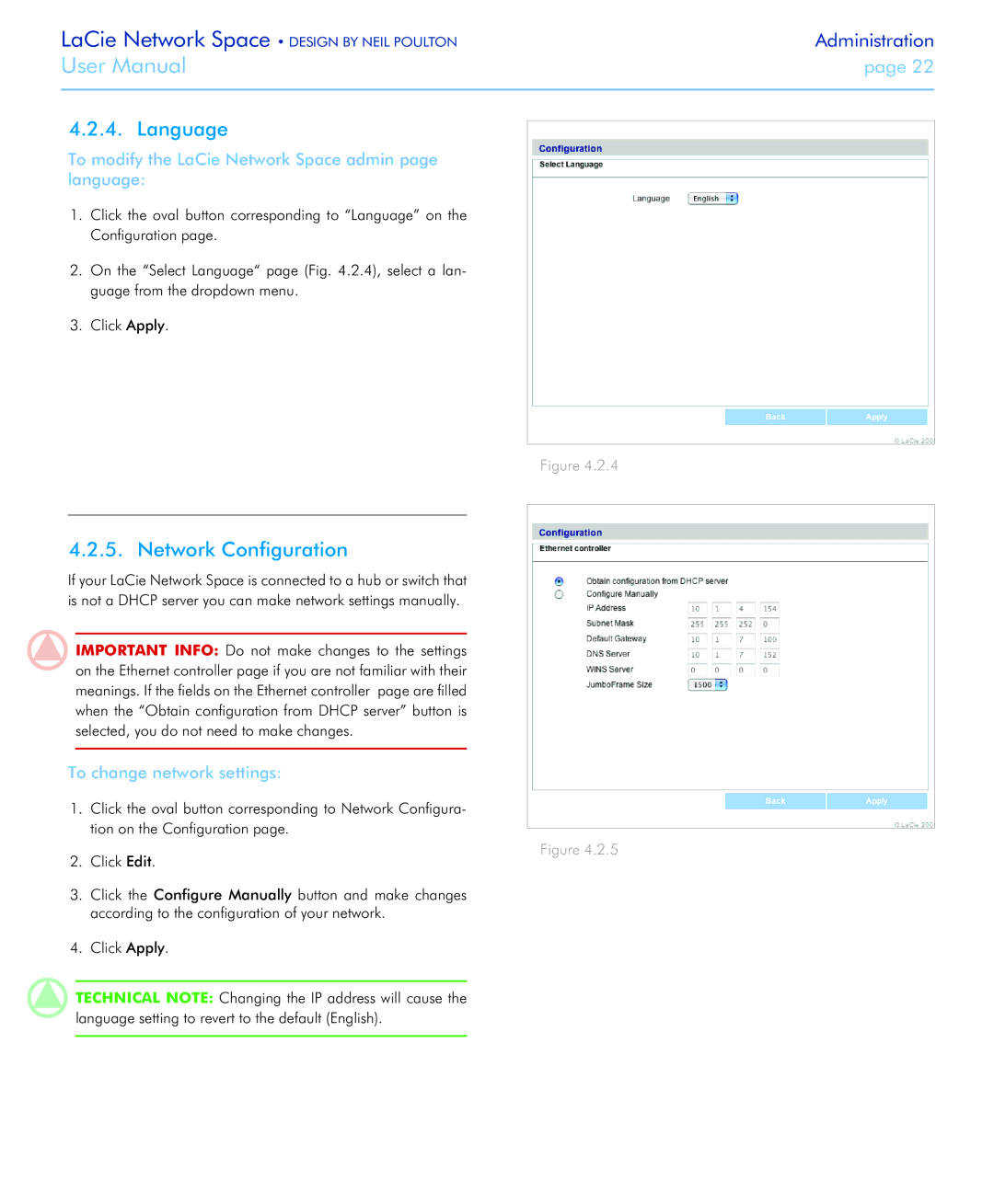 LaCie user manual Language, Network Configuration, To modify the LaCie Network Space admin page language 