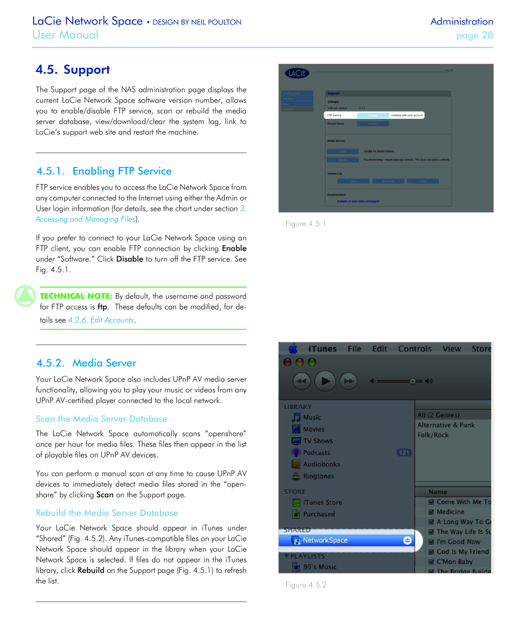 LaCie Network Space Support, Enabling FTP Service, Scan the Media Server Database, Rebuild the Media Server Database 