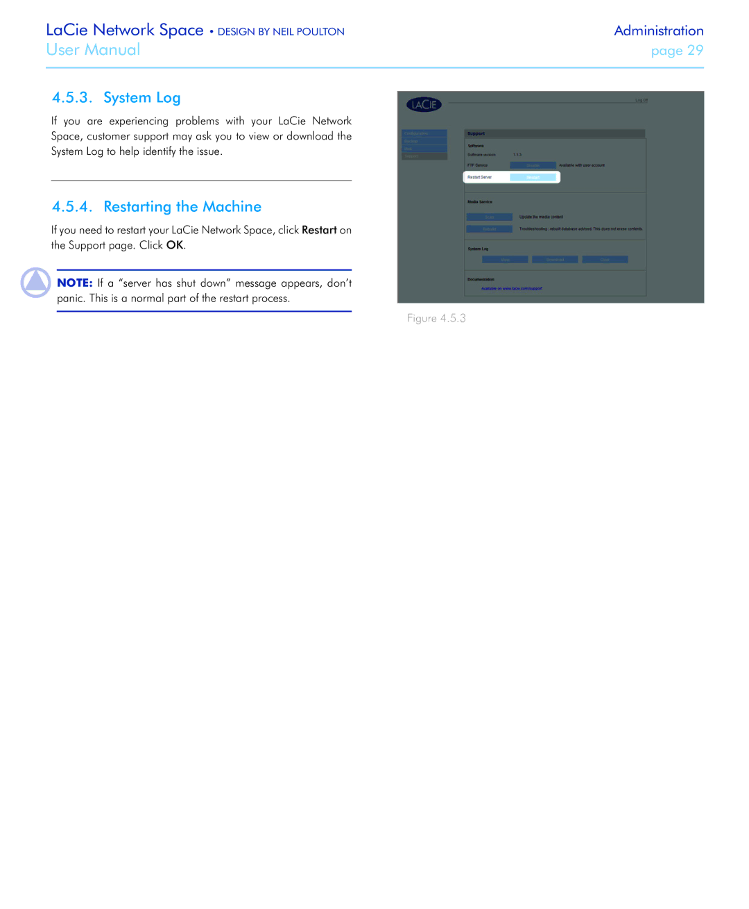 LaCie Network Space user manual System Log, Restarting the Machine 