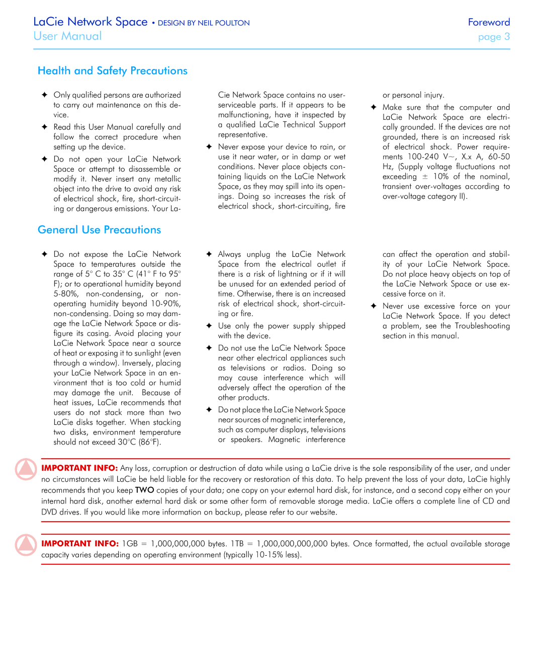 LaCie Network Space user manual Health and Safety Precautions, General Use Precautions, Or personal injury 