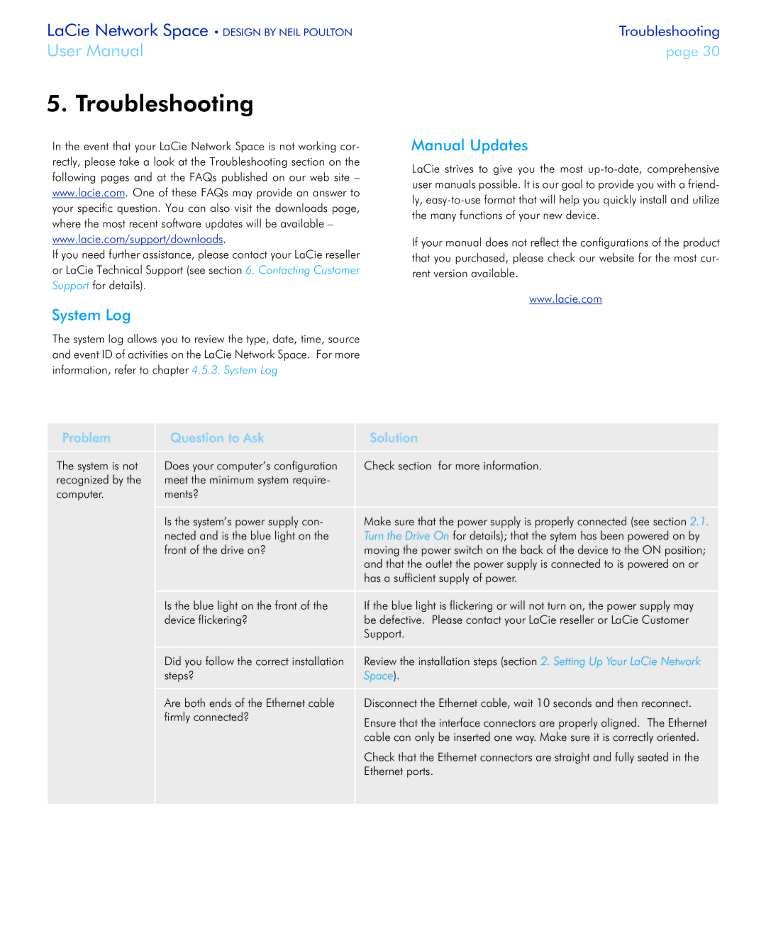 LaCie Network Space user manual Troubleshooting, System Log Manual Updates, Problem Question to Ask Solution 