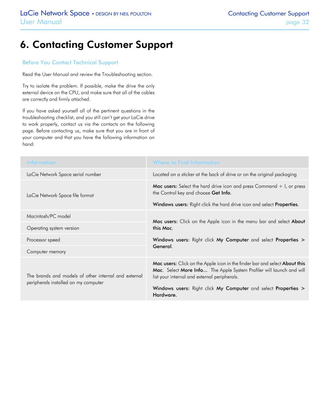 LaCie Network Space user manual Contacting Customer Support, Before You Contact Technical Support 