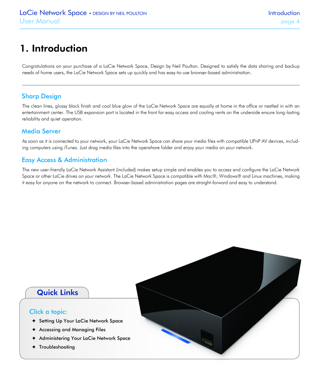 LaCie Network Space user manual Introduction, Quick Links 